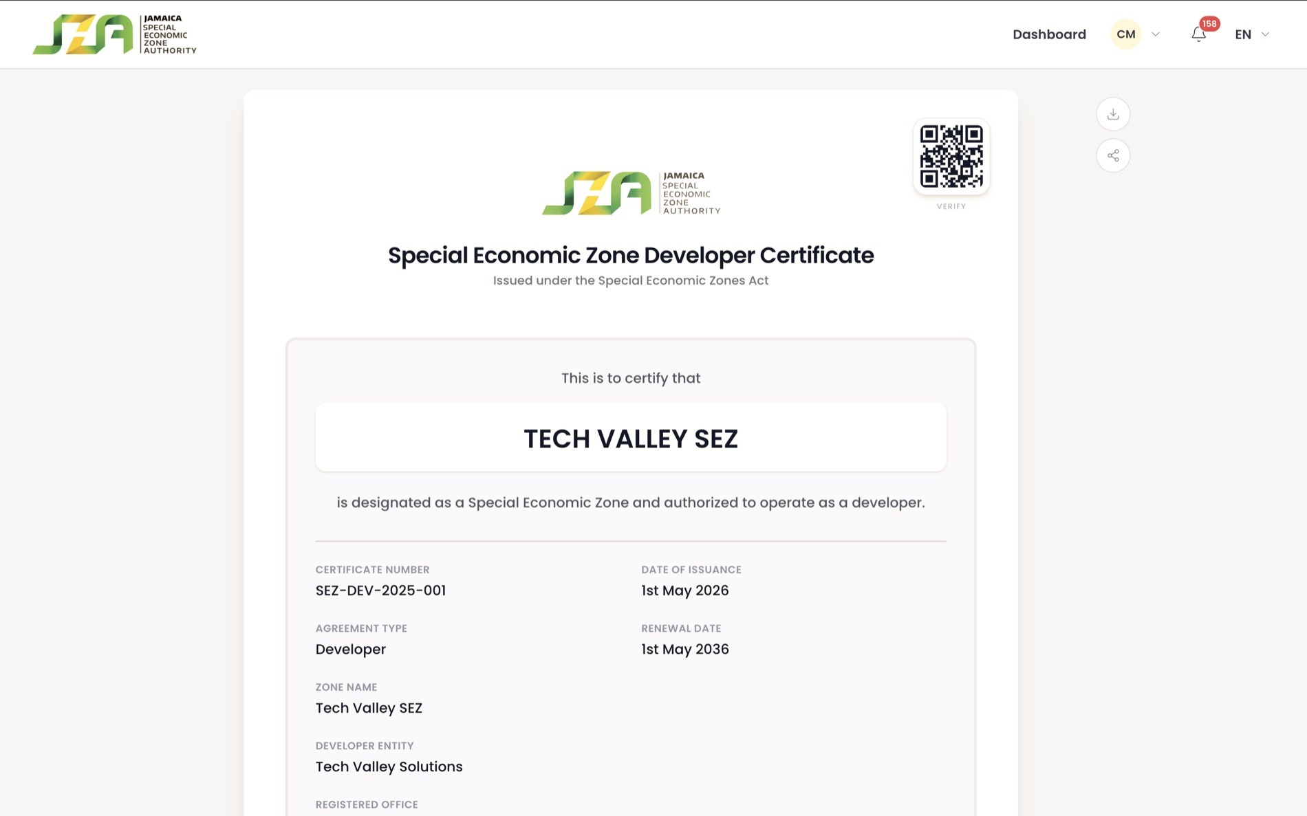 Digital special economic zone developer certificate with QR verification