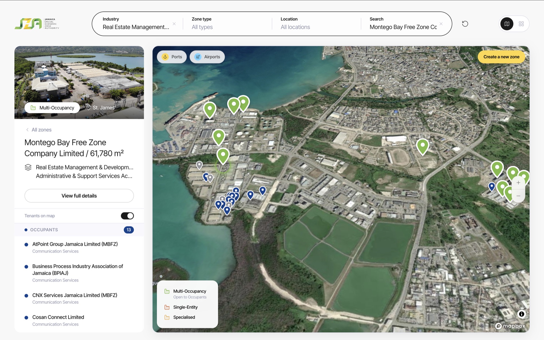Interactive Jamaica SEZ map with filters, zone profile, and map pins
