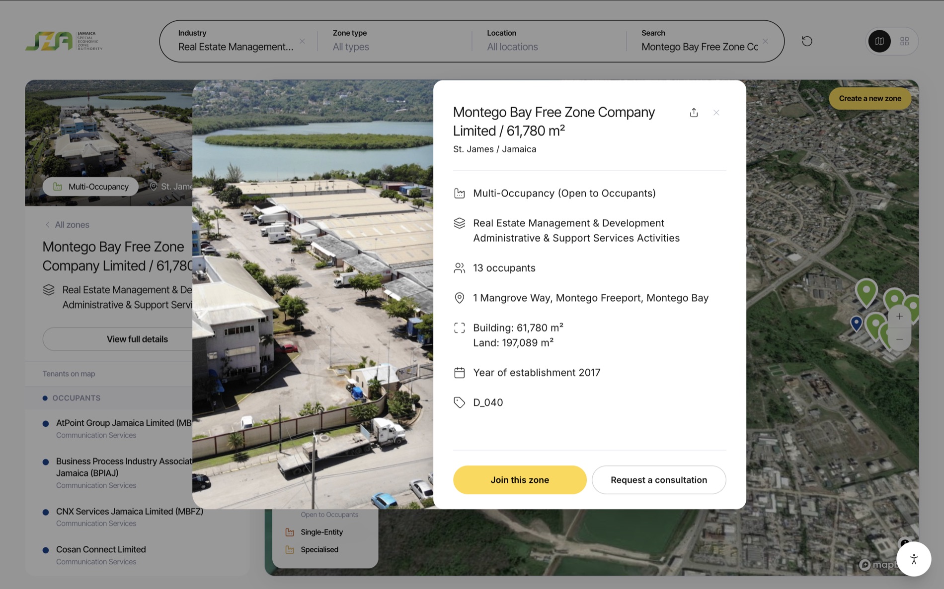 Montego Bay Free Zone detail modal over the interactive Jamaica SEZ map